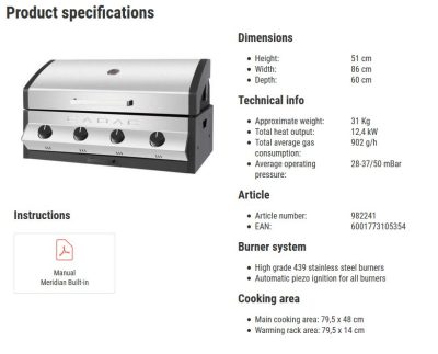 Meridian built-in 4 burner gas bbq stainless by Cadac - Image 2